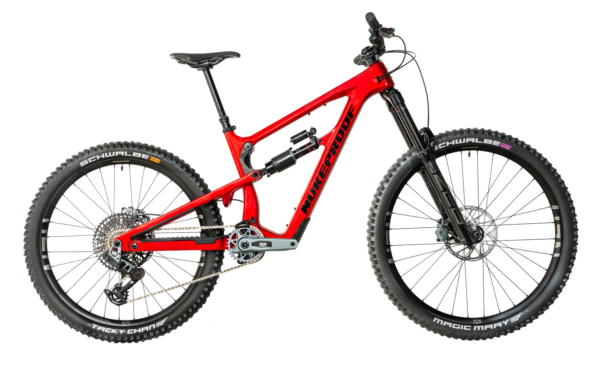 Red mountain bike with black components on a white background